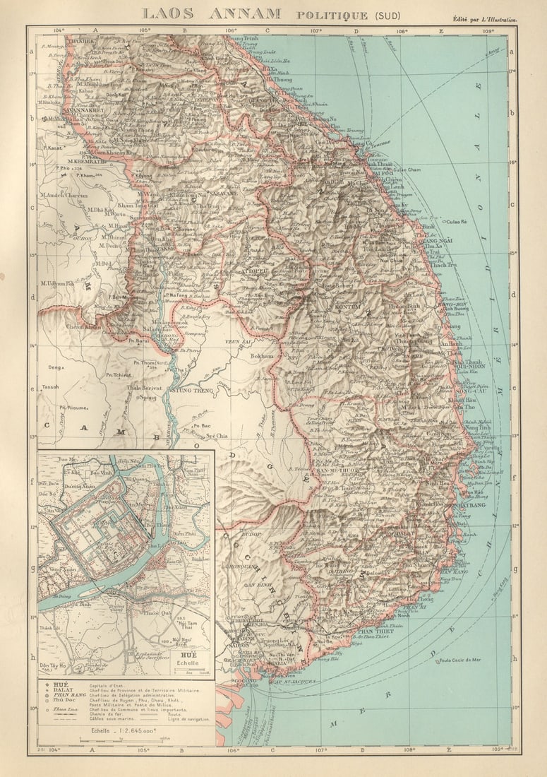 FRENCH INDOCHINA Indochine. South Laos & Annam. Vietnam. Hue city plan 1931 map: Title: FRENCH INDOCHINA Indochine. South Laos & Annam. Vietnam. Hue city plan 1931 map Description: Laos et Annam - Politique (sud). Inset: Hue'. Commandant P. Pollacchi. Published 1931. Vintage atlas