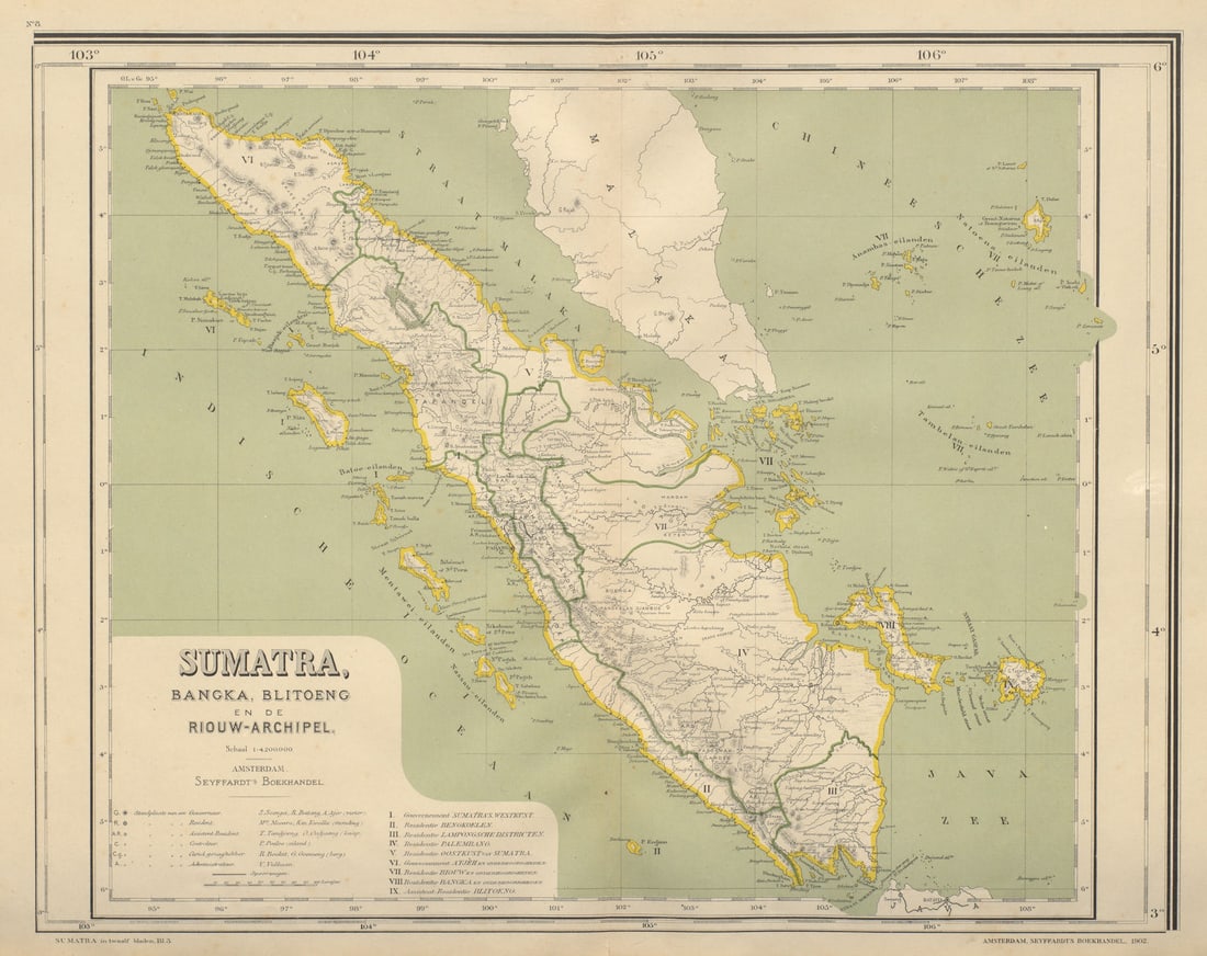 SUMATRA. Dutch East Indies. Indonesia. DORNSEIFFEN 1902 old antique map chart: Title: SUMATRA. Dutch East Indies. Indonesia. DORNSEIFFEN 1902 old antique map chart Description: Sumatra, Banka, Blitoeng en de Riouw-archipel [Sumatra]. Dr. I. Dornseiffen. Published 1902. Antique l