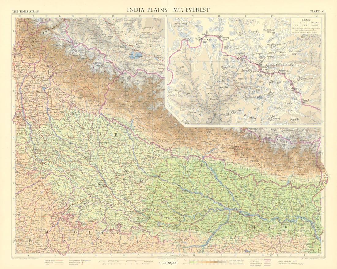 India plains. Uttar Pradesh & Nepal. Mount Everest inset. TIMES 1959 old map (1 of 1)