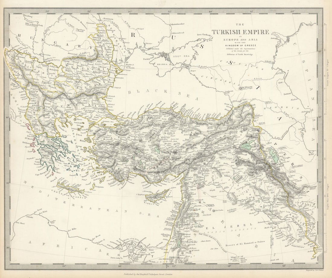 OTTOMAN EMPIRE in Europe & Asia. Greece. British Ionian Islands. SDUK 1844 map: Title: OTTOMAN EMPIRE in Europe & Asia. Greece. British Ionian Islands. SDUK 1844 map Description: TURKISH EMPIRE IN EUROPE AND ASIA WITH THE KINGDOM OF GREECE'. Coloured in pink are the United