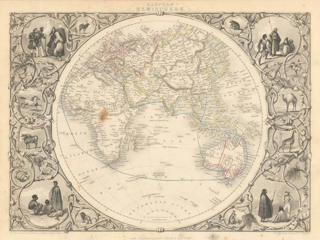 EASTERN HEMISPHERE.Shows mail routes to British colonies. RAPKIN/TALLIS 1851 map (1 of 1)