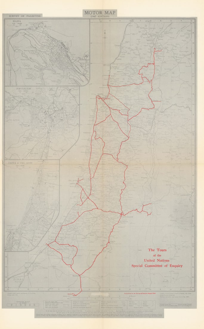 The Tours of the United Nations Special Committee of Enquiry. Palestine 1947 map: Title: The Tours of the United Nations Special Committee of Enquiry. Palestine 1947 map Description: The Tours of the United Nations Special Committee of Enquiry'. Overprinted by the Survey of