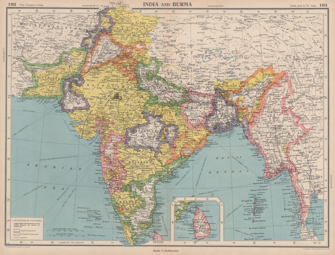 BRITISH INDIA. South Asia. Burma. Portuguese enclaves. BARTHOLOMEW 1944 map: Title: BRITISH INDIA. South Asia. Burma. Portuguese enclaves. BARTHOLOMEW 1944 map Description: India and Burma; Inset Ceylon'. This map was printed in an atlas that was published during the Second Wo