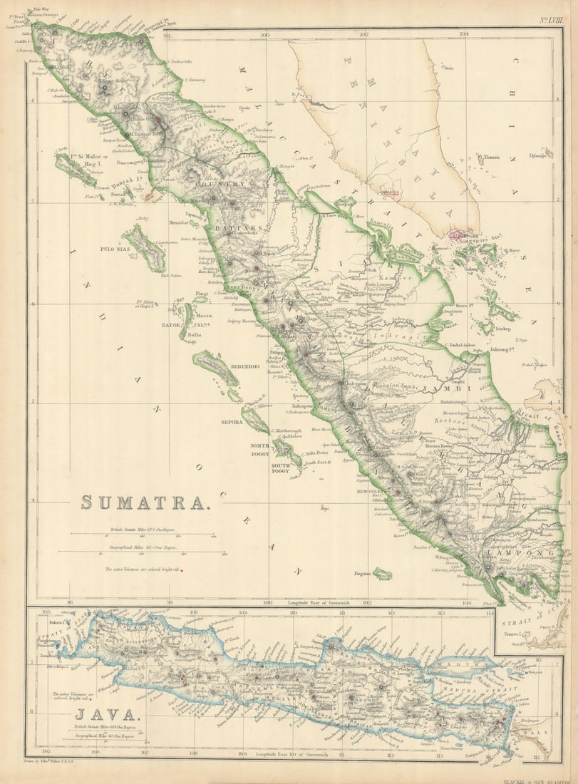 Sumatra & Java showing volcanoes by Edward Weller. Indonesia 1860 old map: Title: Sumatra & Java showing volcanoes by Edward Weller. Indonesia 1860 old map Description: Sumatra // Java' by Weller, Edward. Published 1860. Antique engraved atlas map with original hand colour/c