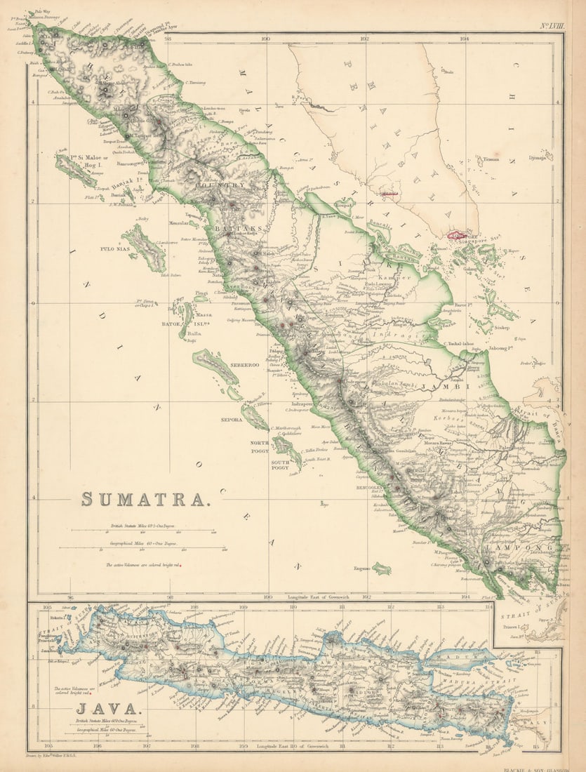 Sumatra & Java showing volcanoes by Edward Weller. Indonesia 1860 old map: Title: Sumatra & Java showing volcanoes by Edward Weller. Indonesia 1860 old map Description: Sumatra // Java' by Weller, Edward. Published 1860. Antique engraved atlas map with original hand