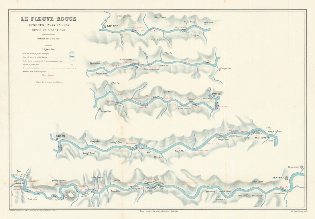 Le Fleuve Rouge entre Yen-Bay et Lac-Kay. The Red River, Vietnam c1899 old map: Title: Le Fleuve Rouge entre Yen-Bay et Lac-Kay. The Red River, Vietnam c1899 old map Description: Le Fleuve Rouge entre Yen-Bay et Lac-Kay divisé en 5 sections [The Red River between Yên