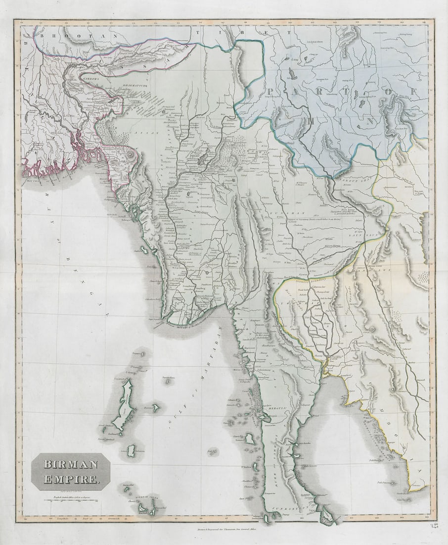 Birman Empire. Burma Myanmar. Western Siam/Thailand Bengal. THOMSON 1830 map: Title: "Birman Empire". Burma Myanmar. Western Siam/Thailand Bengal. THOMSON 1830 map Description: Birman Empire'. Western Indochina south to Phuket (marked as Salanga or Junkseylon) . Drawn & engrave