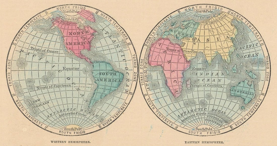 World. Western Hemisphere & Eastern Hemispheres. JOHNSON 1865 old antique map (1 of 1)