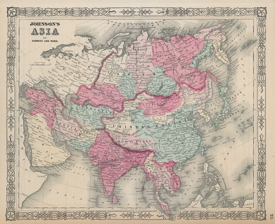 Johnson's Asia. Bod or Tibet. Toorkistan Cabool Birmah Persia Corea 1865 map (1 of 1)