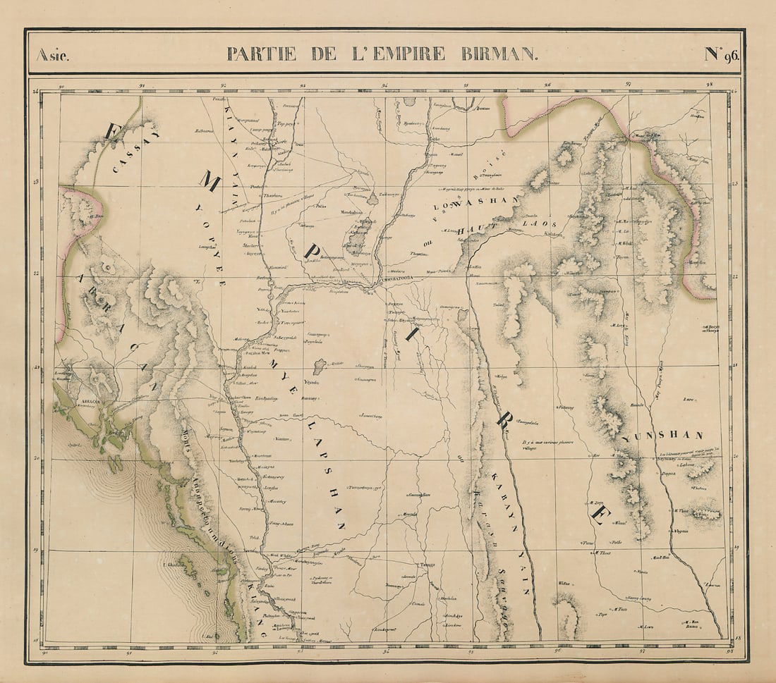 Asie. Empire Birman #96 Western Burma & North Thailand. VANDERMAELEN 1827 map: Title: Asie. Empire Birman #96 Western Burma & North Thailand. VANDERMAELEN 1827 map Description: Asie - Partie de l'Empire Birman - No. 96'. Western Burma/Myanmar and Northern Thailand . Philippe