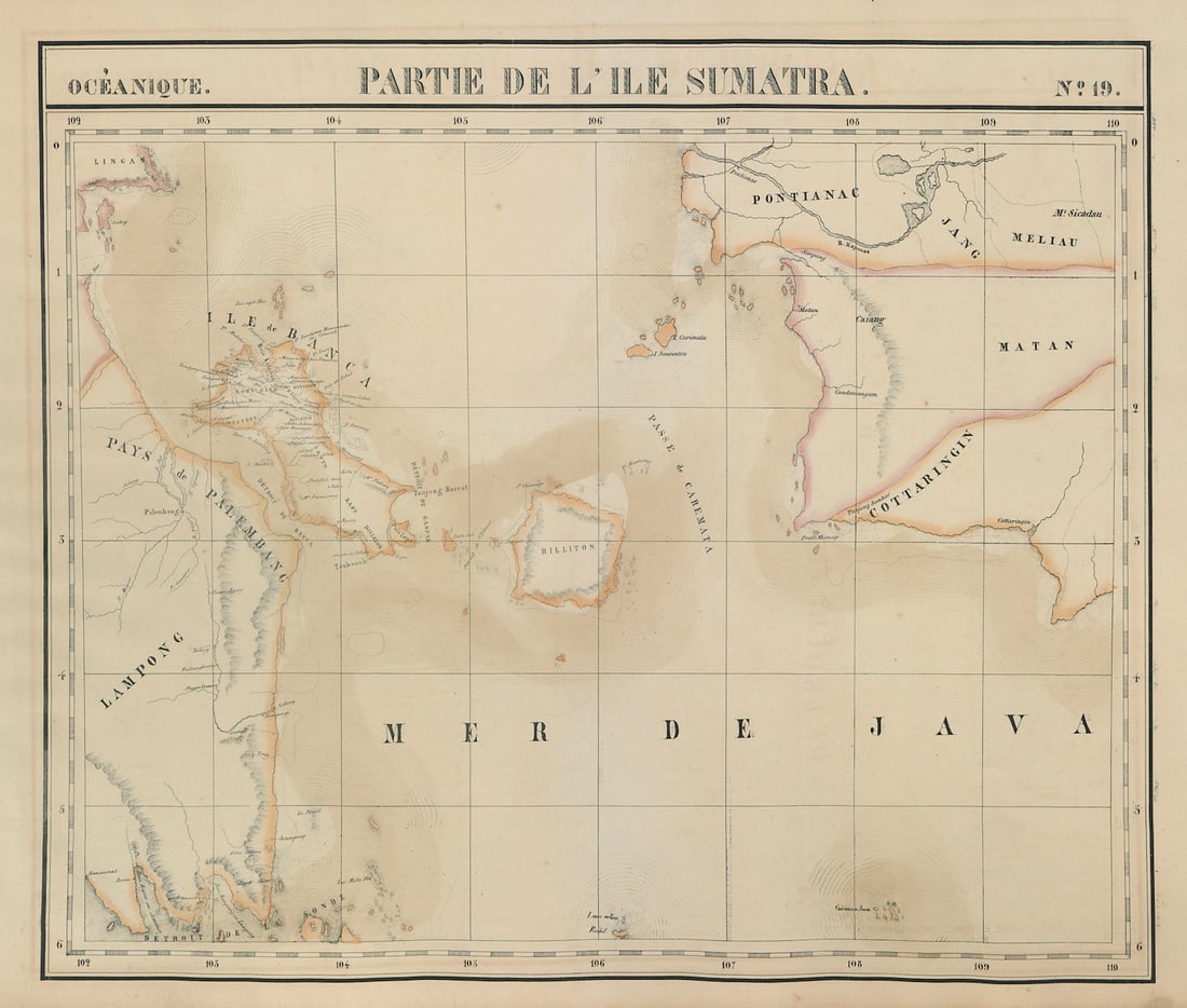 Océanique. Partie de l'ile Sumatra #19. Borneo Bangka. VANDERMAELEN 1827 map: Title: Océanique. Partie de l'ile Sumatra #19. Borneo Bangka. VANDERMAELEN 1827 map Description: Océanique - Partie de l'ile Sumatra - No. 19'. Eastern Sumatra, Bangka Island, and West