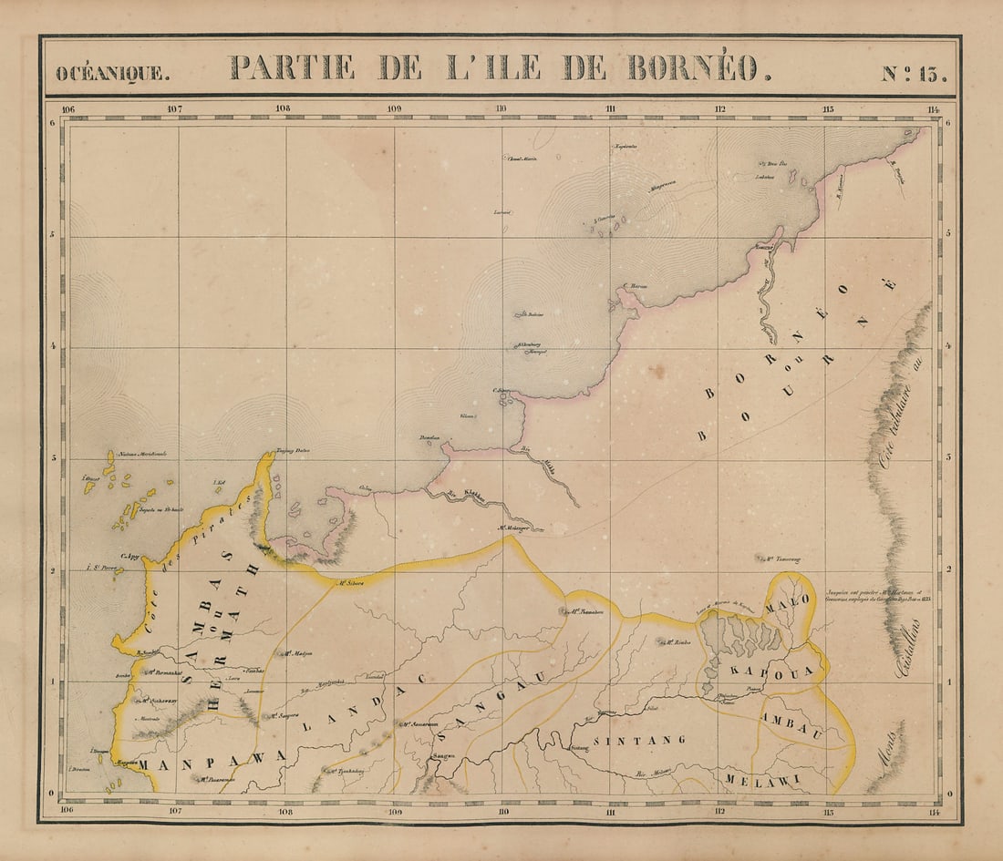 Océanique Partie de l'Ile de Bornéo #13 Northwest Borneo VANDERMAELEN 1827 map: Title: Océanique Partie de l'Ile de Bornéo #13 Northwest Borneo VANDERMAELEN 1827 map Description: Océanique - Partie de l'Ile de Bornéo - No. 13'. Northwest Borneo. Much of