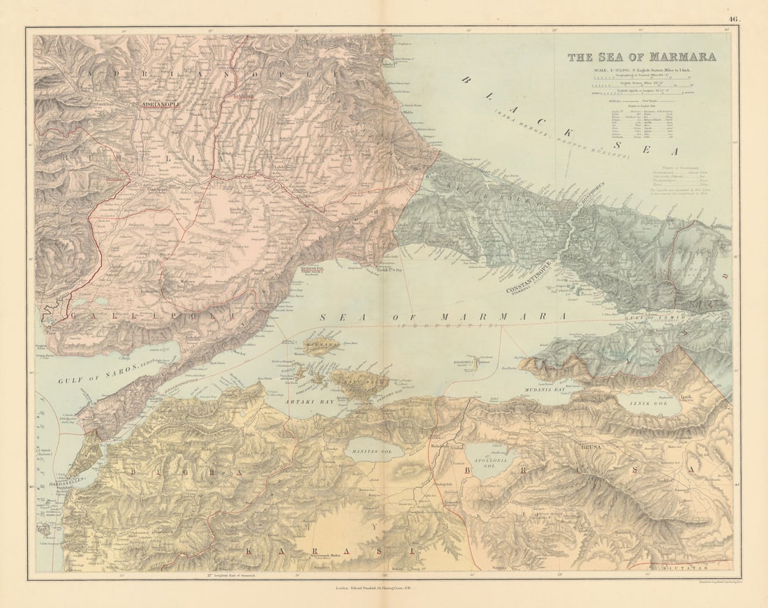 Sea of Marmara & adjacent region. Northwest Turkey. 51x65cm STANFORD 1887 map: Title: Sea of Marmara & adjacent region. Northwest Turkey. 51x65cm STANFORD 1887 map Description: The Sea of Marmara'. Stanford's Geographical Establishment. Published 1887. Large (folio) antique atla