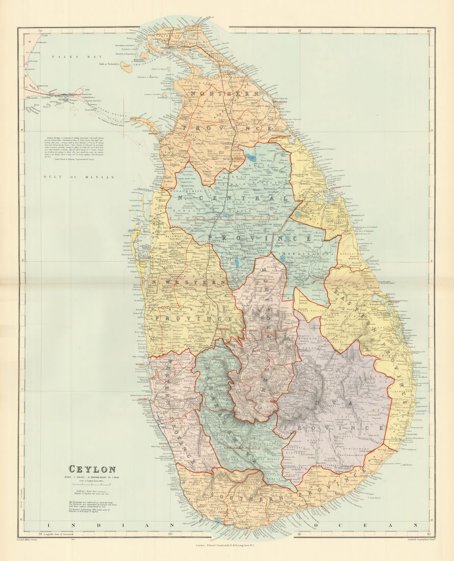 Ceylon. Sri Lanka. Provinces & railways. Large 66x53cm. STANFORD 1904 old map: Title: Ceylon. Sri Lanka. Provinces & railways. Large 66x53cm. STANFORD 1904 old map Description: Ceylon'. Stanford's Geographical Establishment. Published 1904. Large (folio) antique atlas map. Size