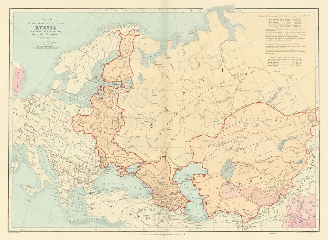 Russian acquisitions in Europe & Central Asia since 1689. STANFORD 1894 map: Title: Russian acquisitions in Europe & Central Asia since 1689. STANFORD 1894 map Description: Sketch of the acquisitions of Russia in Europe and Central Asia since the Accession of Peter 1st to the