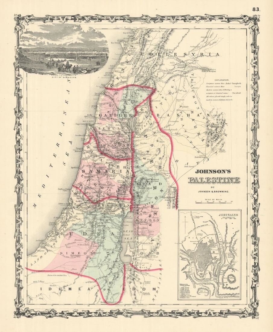 Johnson's Palestine. Jerusalem Damascus. 12 tribes of Israel. Holy Land 1861 map: Title: Johnson's Palestine. Jerusalem Damascus. 12 tribes of Israel. Holy Land 1861 map Description: Johnson's Palestine // Jerusalem' by Johnson, Alvin Jewett. Published 1861. Large, decorative hand