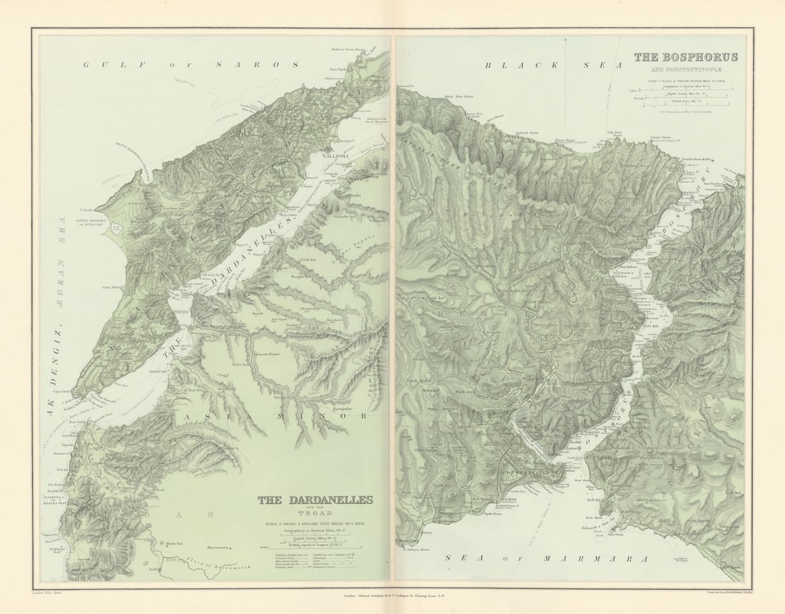 Bosphorus & Constantinople. Dardanelles & Troad. Istanbul. STANFORD 1896 map: Title: Bosphorus & Constantinople. Dardanelles & Troad. Istanbul. STANFORD 1896 map Description: The Bosphorus & Constantinople // The Dardanelles and the Troad'. Stanford's Geographical Establish