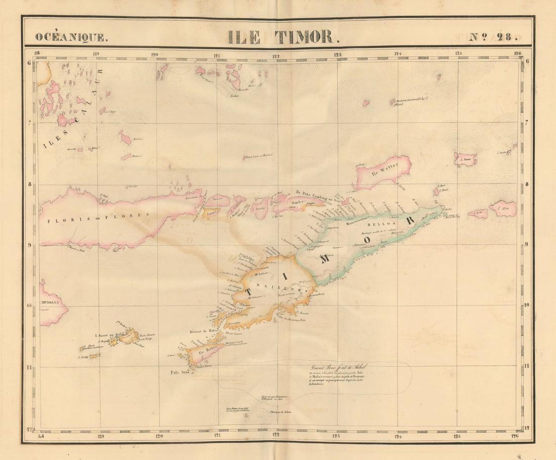 Océanique. Ile Timor #28. Flores. Lesser Sunda Islands. VANDERMAELEN 1827 map: Title: Océanique. Ile Timor #28. Flores. Lesser Sunda Islands. VANDERMAELEN 1827 map Description: Océanique - Ile Timor - No. 28'. The eastern Lesser Sunda islands, including Timor, Flores,