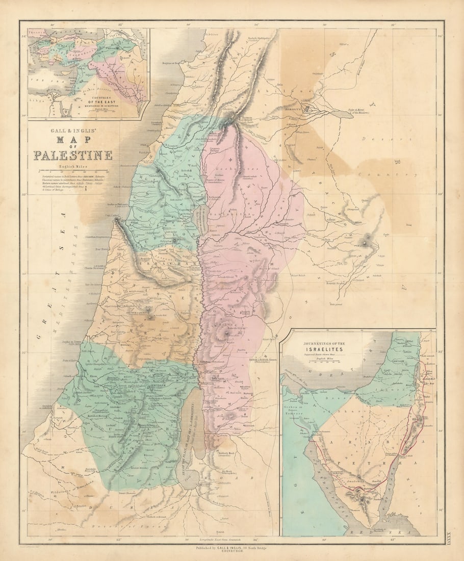 Gall & Inglis' Map of Palestine. Israelites journey. Lebanon Jordan Levant 1850: Title: Gall & Inglis' Map of Palestine. Israelites journey. Lebanon Jordan Levant 1850 Description: Gall & Inglis' Map of Palestine // Journeyings of the Israelites // Countries of the East mentio