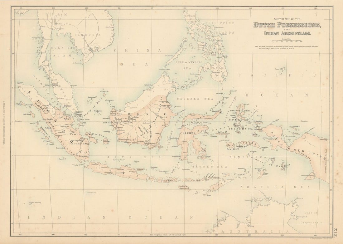 Sketch Map of the Dutch Possessions in the Indian Archipelago. Indonesia c1863: Title: Sketch Map of the Dutch Possessions in the Indian Archipelago. Indonesia c1863 Description: Sketch Map of the Dutch Possessions in the Indian Archipelago'. From an undated atlas for which the i