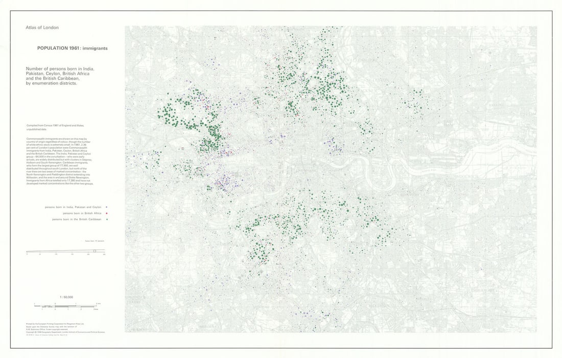 London - 1961 South Asian, African & Caribbean immigrant population 1968 map: Title: London - 1961 South Asian, African & Caribbean immigrant population 1968 map Description: Atlas of London - Population 1961 - Number of persons born in India, Pakistan, Ceylon, British Africa a