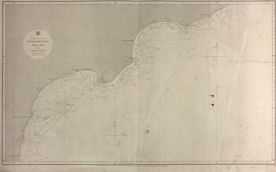 Coromandel Coast nautical sea chart. East India Company. Andhra Pradesh 1864 map: Title: Coromandel Coast nautical sea chart. East India Company. Andhra Pradesh 1864 map Description: Bay of Bengal West Coast - Coromandel Coast Sheet No.2 from Latitude 15˚ to 16˚30'N'. The