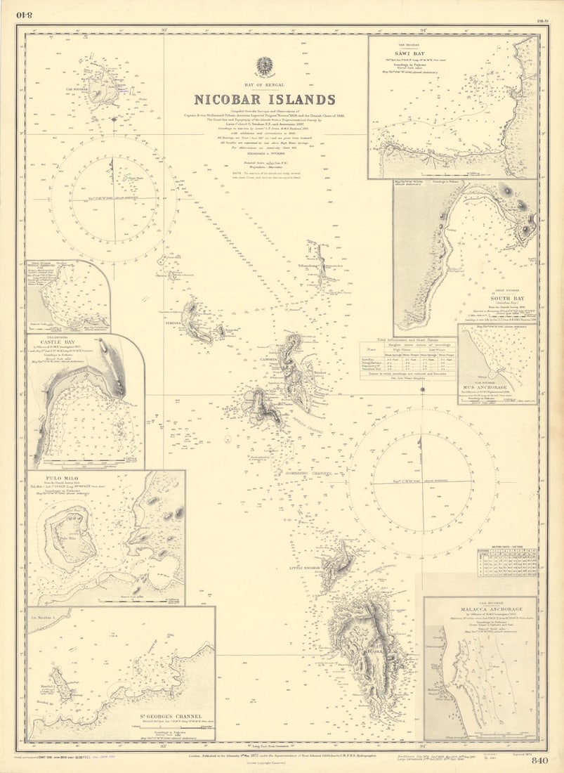Nicobar Islands harbours India Bay of Bengal ADMIRALTY sea chart 1872 (1954) map: Title: Nicobar Islands harbours India Bay of Bengal ADMIRALTY sea chart 1872 (1954) map Description: Bay of Bengal - Nicobar Islands // Car Nicobar - Sawi Bay // Great Nicobar - South Bay (Galathea Ba