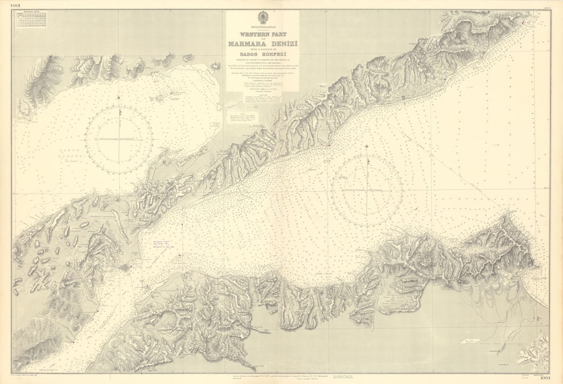 Marmara Gallipoli Dardanelles Gelibolu Turkey ADMIRALTY chart 1887 (1955) map: Title: Marmara Gallipoli Dardanelles Gelibolu Turkey ADMIRALTY chart 1887 (1955) map Description: Mediterranean - Western Part of Marmara Denizi with a portion of Saros Körfezi'. Surveyed by Capt