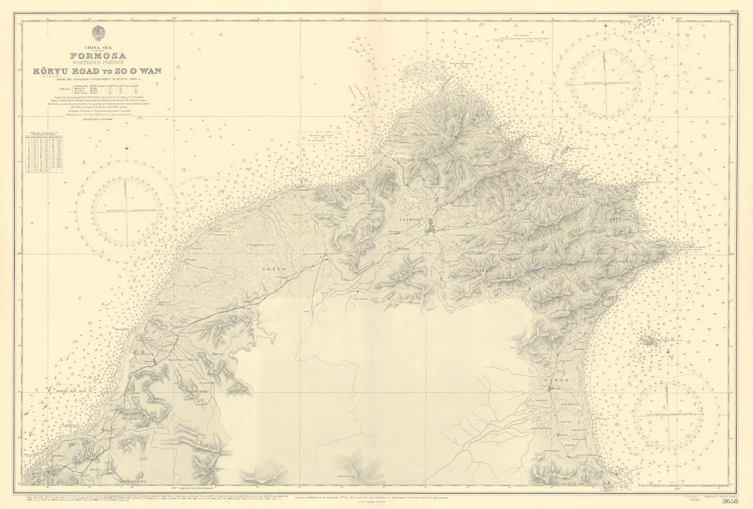 Northern Formosa / Taiwan. Taihoku / Taipei. ADMIRALTY sea chart 1907 (1956) map: Title: Northern Formosa / Taiwan. Taihoku / Taipei. ADMIRALTY sea chart 1907 (1956) map Description: China Sea - Formosa Northern Portion - Koryu (Auran) Road to So o Wan'. From the Japanese Governmen