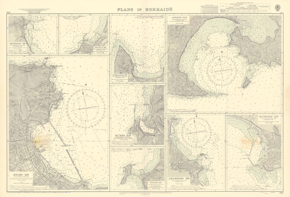 Hokkaido harbours Otaru Ko Akkeshi Wan Japan ADMIRALTY sea chart 1951 (1956) map: Title: Hokkaido harbours Otaru Ko Akkeshi Wan Japan ADMIRALTY sea chart 1951 (1956) map Description: Plans in Hokkaido // Monbetsu Ko // Iwanai Ko // Wakkanai Ko // Akkeshi Wan // Otaru Ko // Rumoi