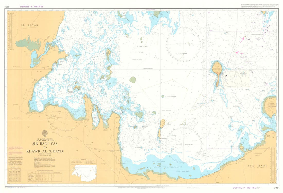 Qatar UAE. Sir Bani Yas-Khawr Al 'Udayd. Admiralty chart #3951. 1979 (1990) map: Title: Qatar UAE. Sir Bani Yas-Khawr Al 'Udayd. Admiralty chart #3951. 1979 (1990) map Description: Al Qatar and the United Arab Emirates - Sir Bani Yas to Khawr Al 'Udayd'. Published at the