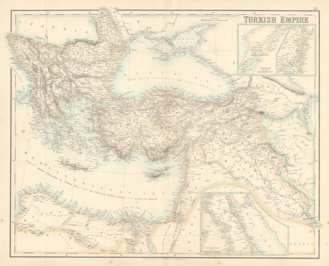 Turkish Empire. Turkey Balkans Levant Dardanelles Bosphorus. FULLARTON c1863 map: Title: Turkish Empire. Turkey Balkans Levant Dardanelles Bosphorus. FULLARTON c1863 map Description: Turkish Empire. Strait of Dardanelles. Plan of Bosporus. Continuation Map of Upper Egypt'. From an