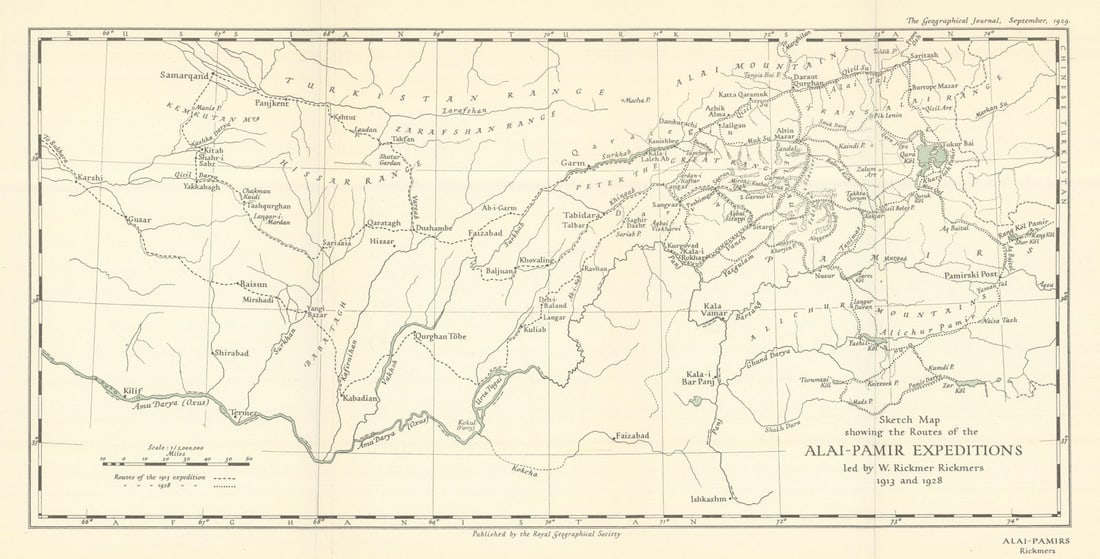Alai-Pamir 1913/1928 Expedition Routes. Central Asia. RGS/Rickmers 1929 map: Title: Alai-Pamir 1913/1928 Expedition Routes. Central Asia. RGS/Rickmers 1929 map Description: Sketch Map showing the Routes of the Alai-Pamir Expeditions led by W. Rickmer Rickmers 1913 and 1928'.