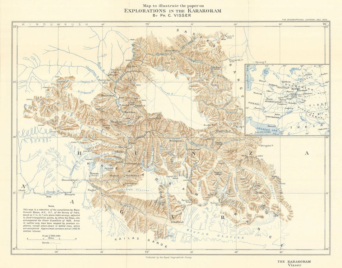 Explorations in the Karakoram. Pakistan. RGS/Visser 1926 old vintage map chart: Title: Explorations in the Karakoram. Pakistan. RGS/Visser 1926 old vintage map chart Description: Map to illustrate the paper on Explorations in the Karakoram by Ph. C. Visser'. Royal Geographical