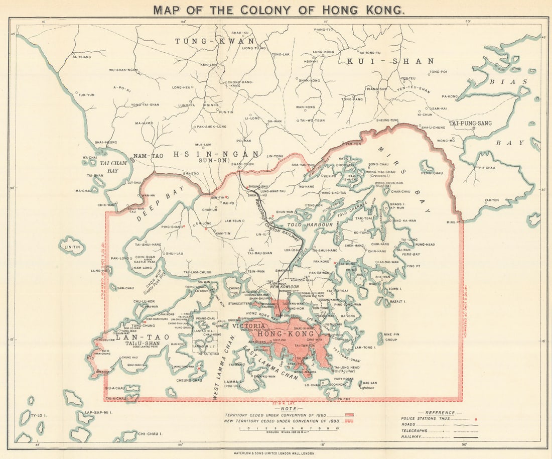 Map of the Colony of Hong Kong. Territories ceded 1860 & 1898. Waterlow 1919: Title: Map of the Colony of Hong Kong. Territories ceded 1860 & 1898. Waterlow 1919 Description: Map of The Colony of Hong Kong'. Waterlow & Sons Ltd., London Wall, London. Published 1919. Antique col