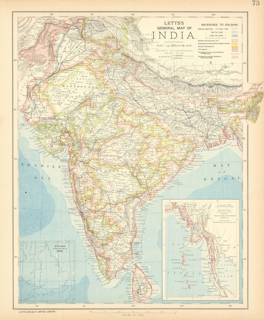 BRITISH INDIA French Portuguese Native states Railways telegraphs LETTS 1892 map (1 of 1)