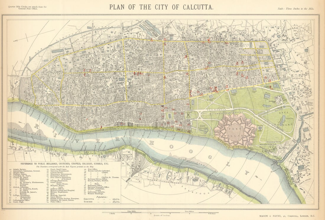 CALCUTTA KOLKATA antique town city map plan. Public buildings. LETTS 1892: Title: CALCUTTA KOLKATA antique town city map plan. Public buildings. LETTS 1892 Description: Plan of the City of Calcutta'. Published by George Gill & Sons. Most of the plates used for this atlas wer