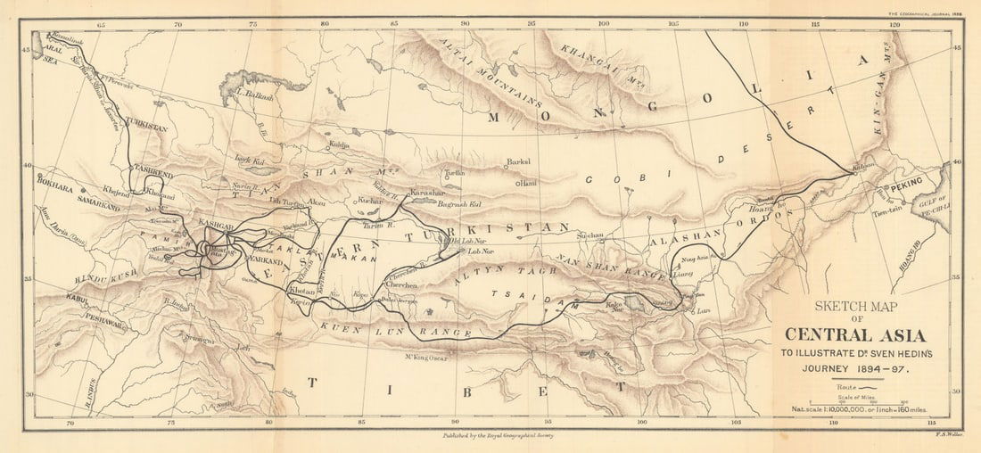 Sketch map of Central Asia to illustrate Sven Hedin's Journey 1894-97. RGS 1898 (1 of 1)