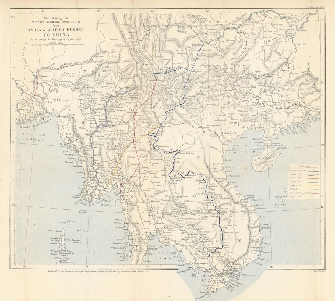 Overland trade routes from India & Burma to China. Coryton/RGS 1875 old map (1 of 1)