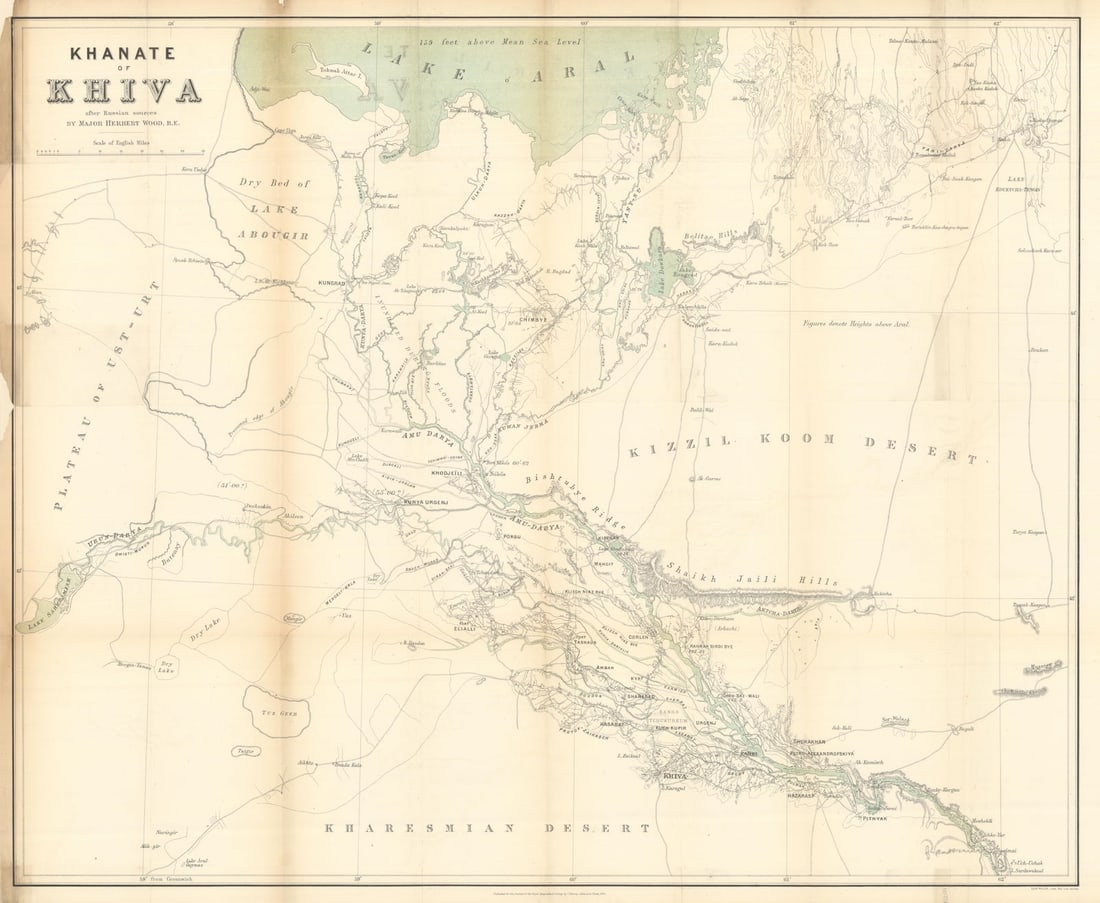 Khanate of Khiva after Russian sources. Uzbekistan/Turkmenistan. RGS 1875 map: Title: Khanate of Khiva after Russian sources. Uzbekistan/Turkmenistan. RGS 1875 map Description: Khanate of Khiva after Russian sources'. Khanate of Khiva (after Russian sources). Compiled by Major