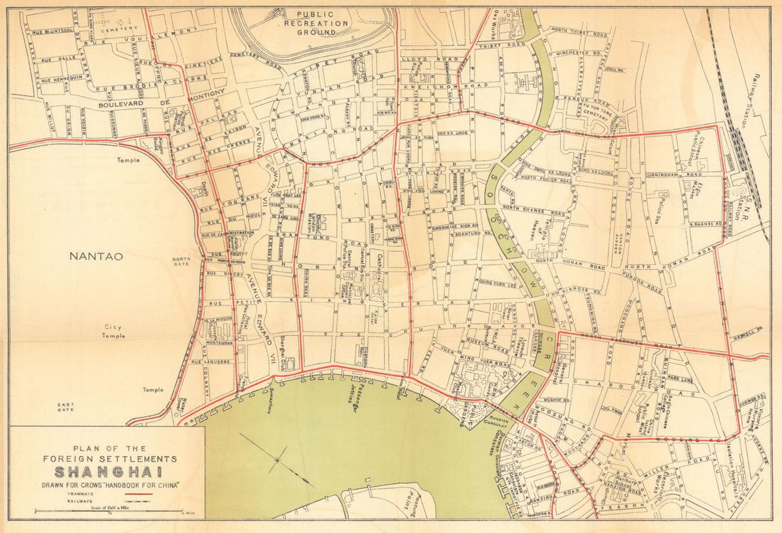 City plan of the Foreign Settlements in Shanghai, China by Carl Crow 1933 map: Title: City plan of the Foreign Settlements in Shanghai, China by Carl Crow 1933 map Description: Plan of the Foreign Settlements - Shanghai - drawn for Crow's "Handbook for China"' by Crow, Carl. Pub