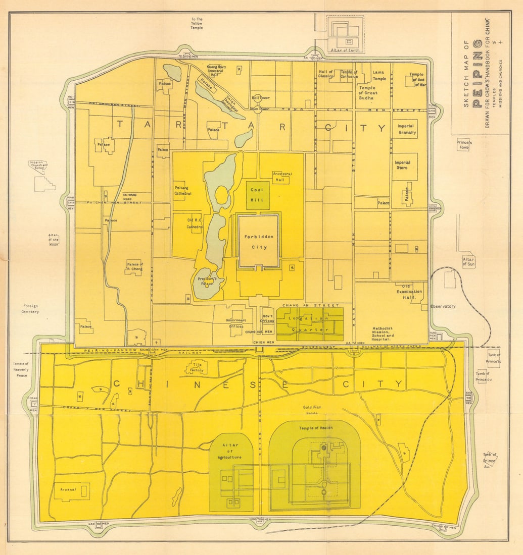 City plan of Peiping (Peking) by Carl Crow. Beijing China 1933 old vintage map: Title: City plan of Peiping (Peking) by Carl Crow. Beijing China 1933 old vintage map Description: Sketch Map of Peiping - drawn for Crow's "Handbook for China"' by Crow, Carl. Published 1933. Vintage