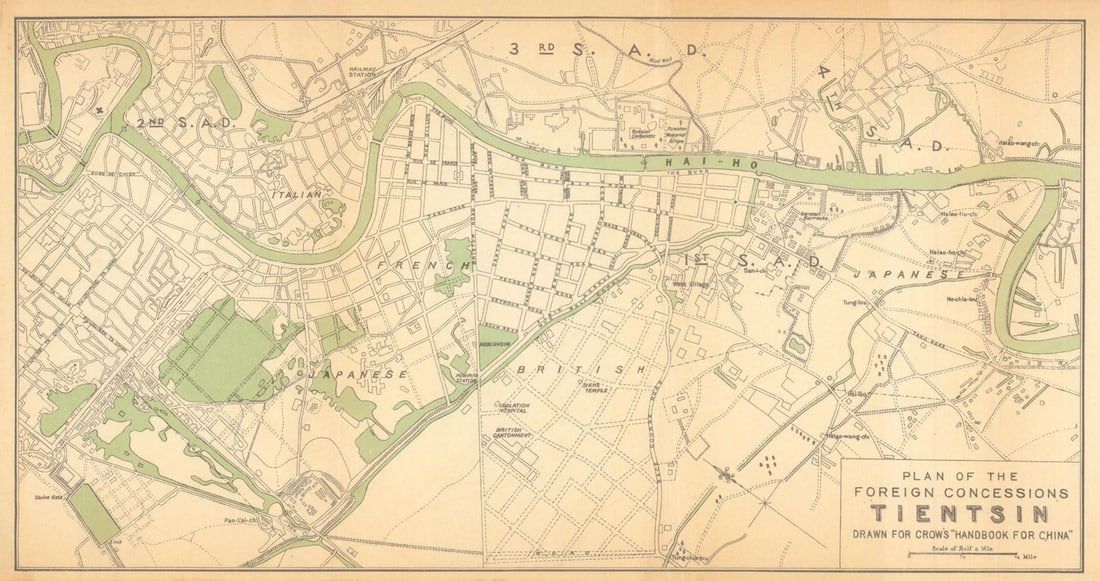 Plan of the Foreign Concessions in Tientsin by Carl Crow. Tianjin China 1933 map: Title: Plan of the Foreign Concessions in Tientsin by Carl Crow. Tianjin China 1933 map Description: Plan of the Foreign Concessions - Tientsin - drawn for Crow's "Handbook for China"' by Crow, Carl.