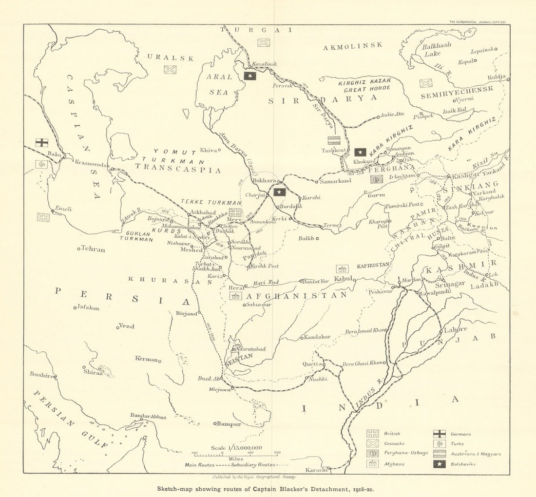 Capt Lionel Blacker's detachment routes 1918–20 in South West Asia. RGS 1921 map: Title: Capt Lionel Blacker's detachment routes 1918–20 in South West Asia. RGS 1921 map Description: Sketch-Map Showing Routes of Captain Blacker’s Detachment, 1918–20'. A remarkable