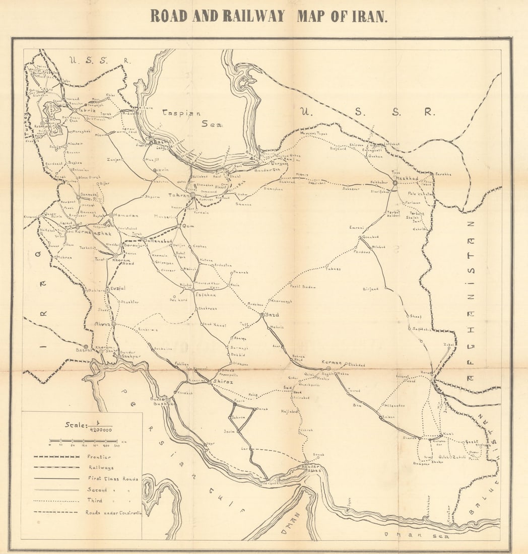 Road and Railway Map of Iran by G.H. Ebtehaj 1935 old vintage plan chart (1 of 1)