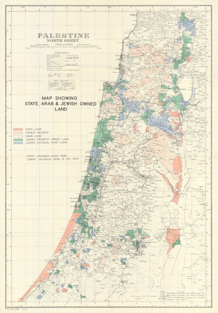 Survey of Palestine—North Sheet—Map showing State, Arab & Jewish Owned Land 1945: Title: Survey of Palestine—North Sheet—Map showing State, Arab & Jewish Owned Land 1945 Description: Palestine—North Sheet—Map showing State, Arab & Jewish Owned Land'. A h