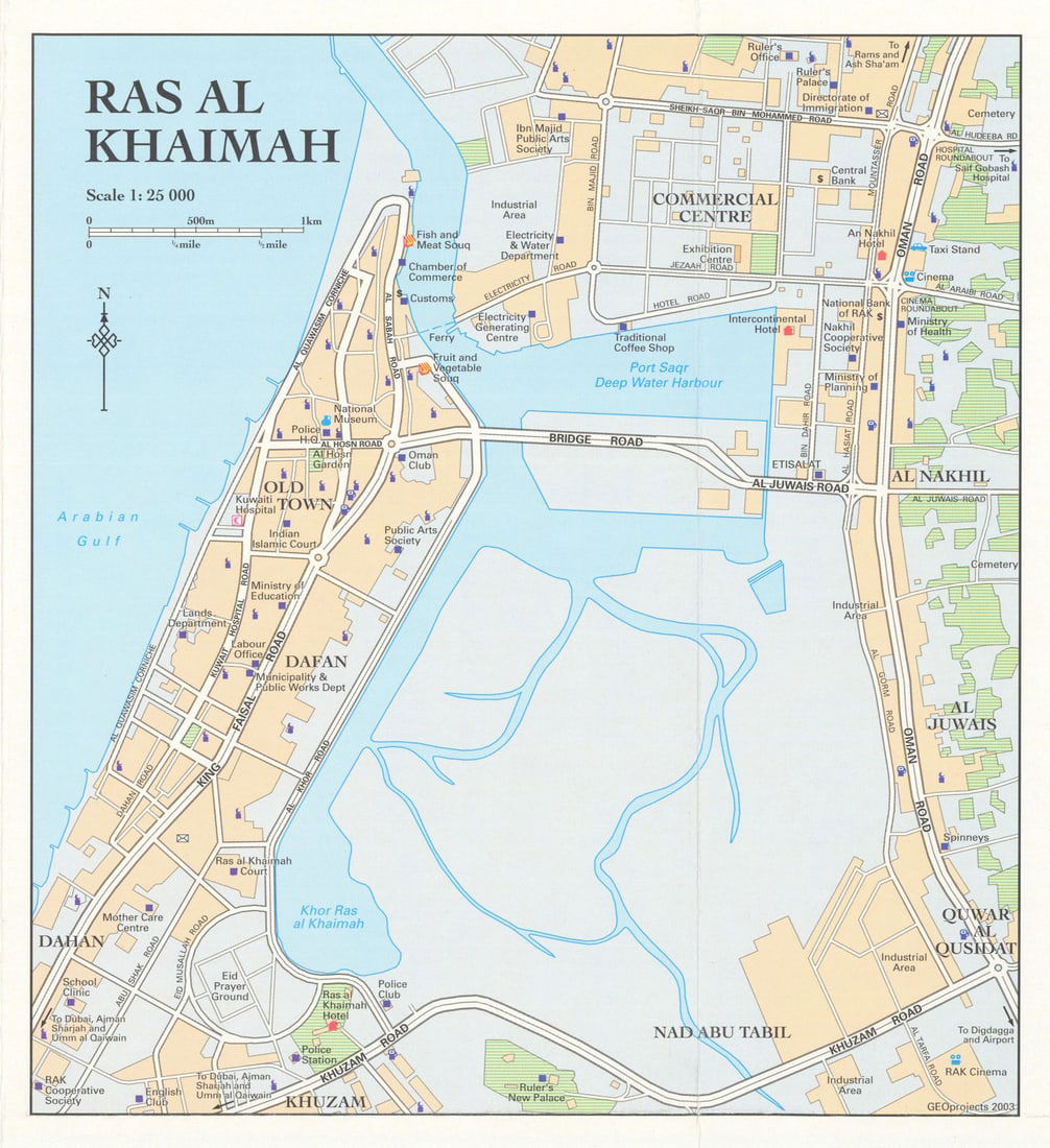Vintage Ras Al Khaimah town city plan, United Arab Emirates GEOprojects 2003 map: Title: Vintage Ras Al Khaimah town city plan, United Arab Emirates GEOprojects 2003 map Description: Ras Al Khaimah' by GEOprojects. Published 2003. Vintage colour city plan. Size 21 x 20 cm | 8.5 x 7