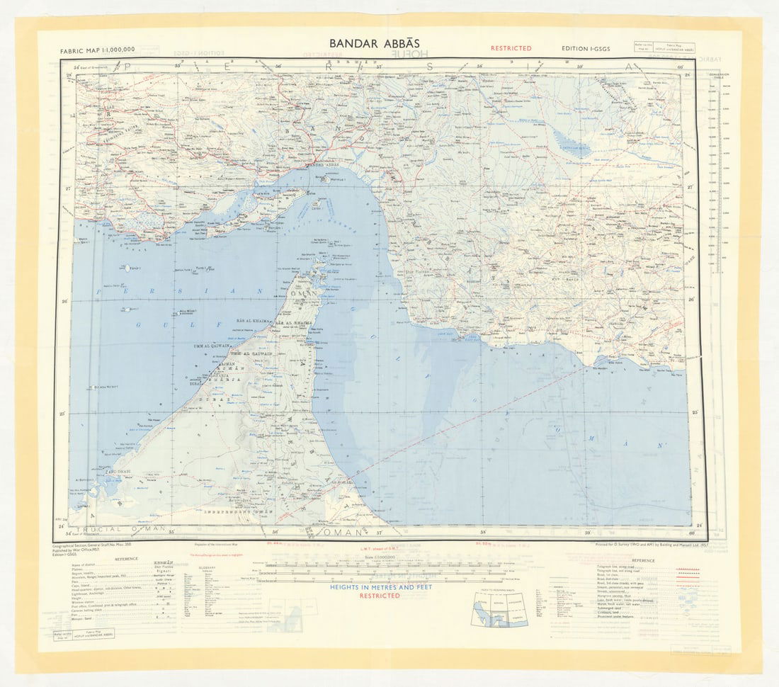 GSGS Restricted silk escape/evasion map—Bandar Abbas—Hofuf—UAE—Iran—: Title: GSGS Restricted silk escape/evasion map—Bandar Abbas—Hofuf—UAE—Iran—Arabia 1957 Description: Fabric Map—Restricted—Bandar Abbas//Hofuf—Edition
