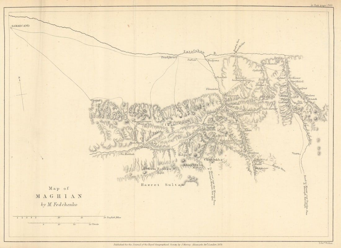 Map of Maghian by Mikhail Fedchenko. Tajikistan / Uzbekistan. RGS 1873 old: Title: Map of Maghian by Mikhail Fedchenko. Tajikistan / Uzbekistan. RGS 1873 old Description: Map of Maghian by M. Fedchenko'. Original lithographed map of the Maghian (Matcha) region of the upper