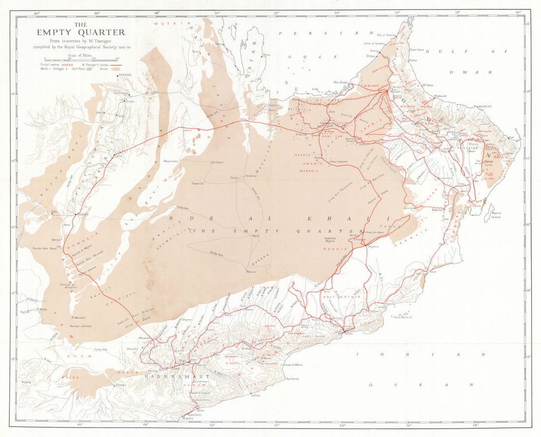 The Empty Quarter—Wilfred Thesiger's traverses—Arabia—UAE—Oman—RGS: Title: The Empty Quarter—Wilfred Thesiger's traverses—Arabia—UAE—Oman—RGS 1959 map Description: The Empty Quarter from traverses by W. Thesiger'. A large map of the